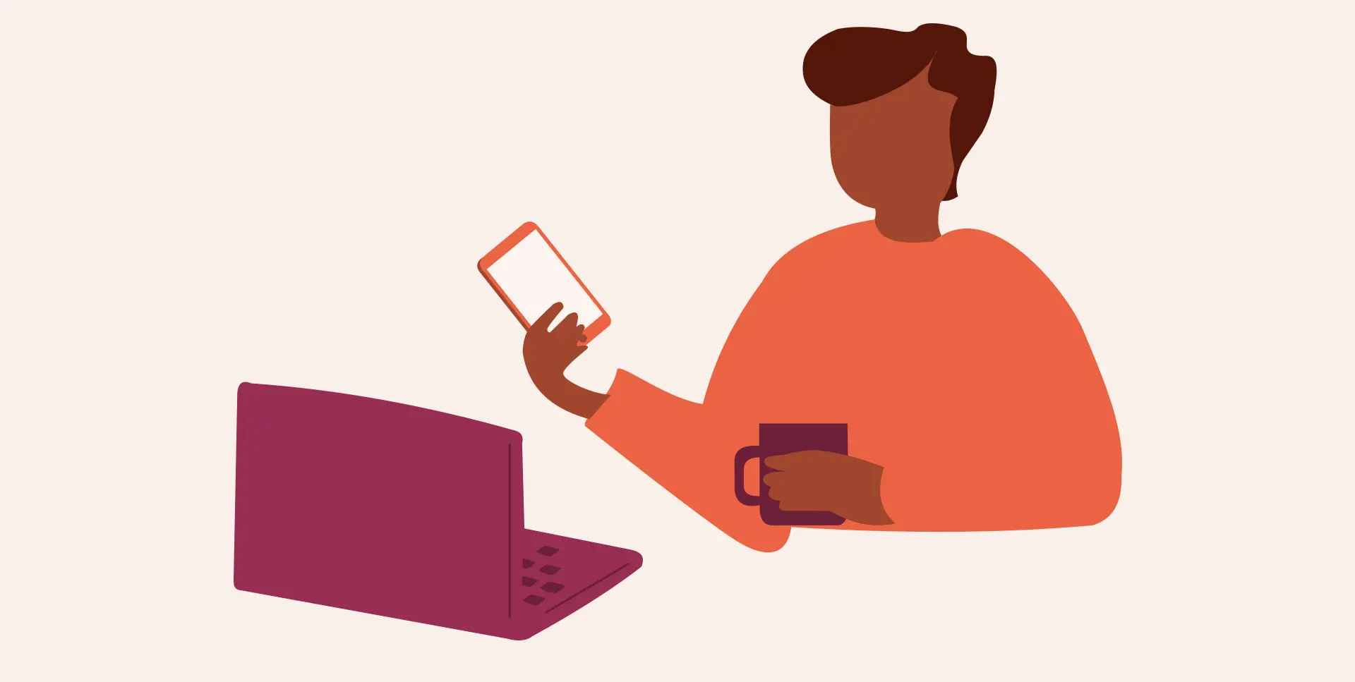 Illustration på en figur som sitter vid en dataskärm med en kopp och en telefon i handen.