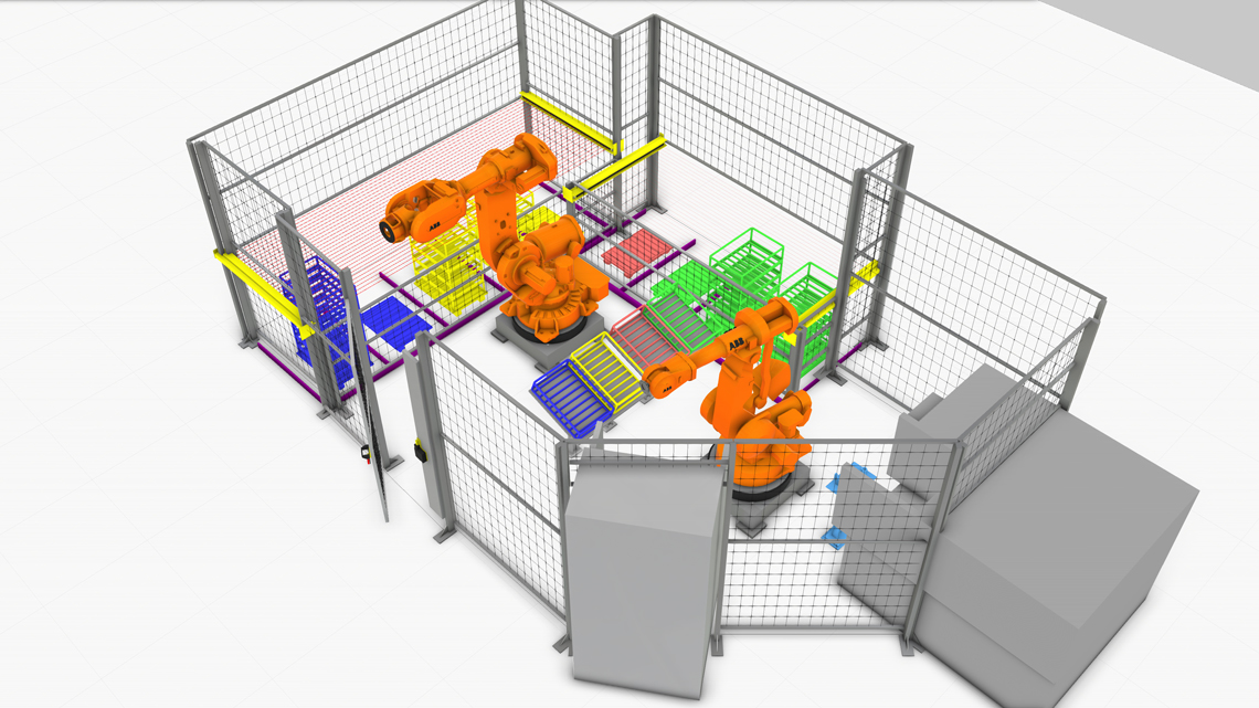 Visualisation of two robot cells in a production environment.