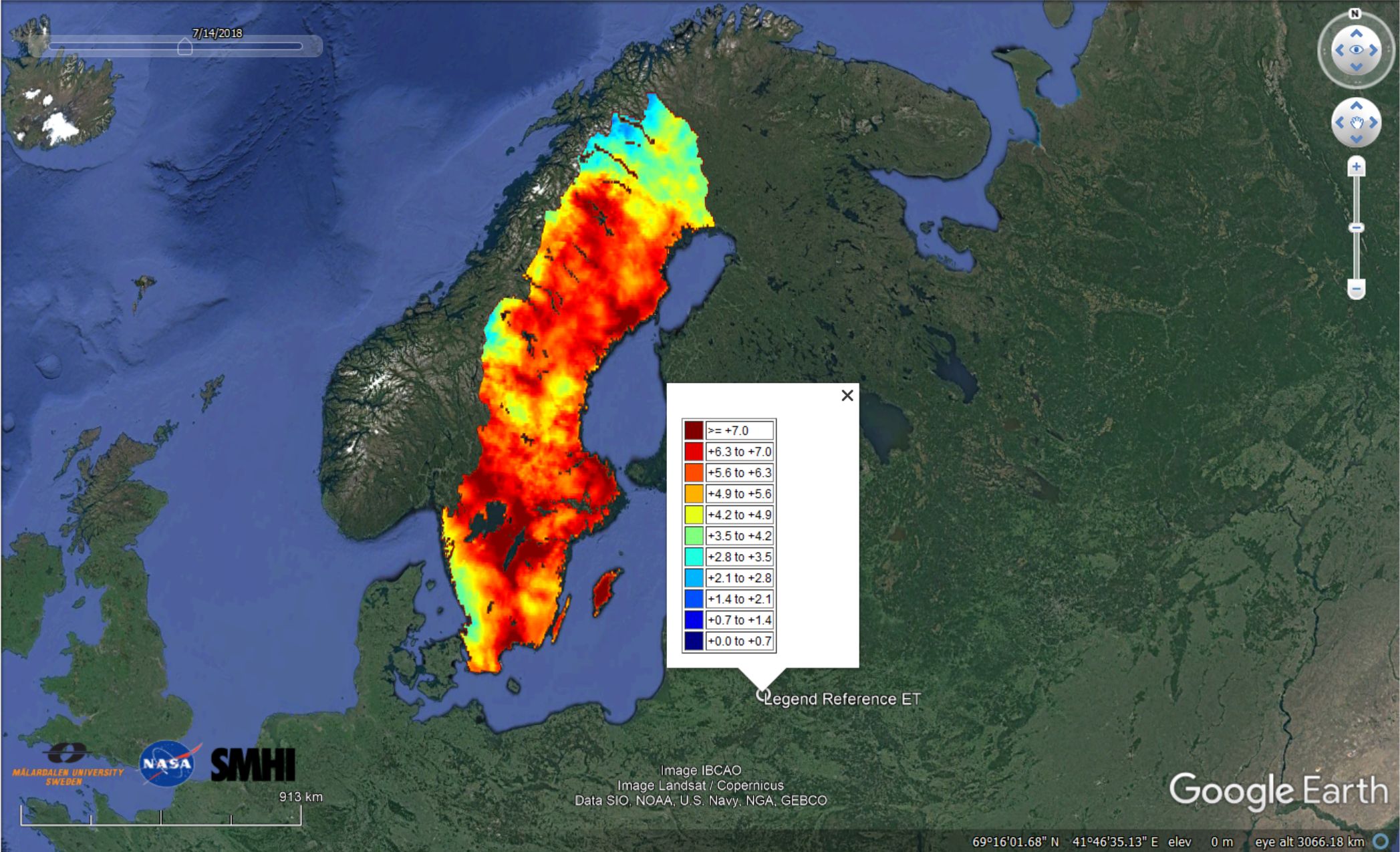 The image show the daily reference evapotranspiration all across Sweden the 7th of July 2018.